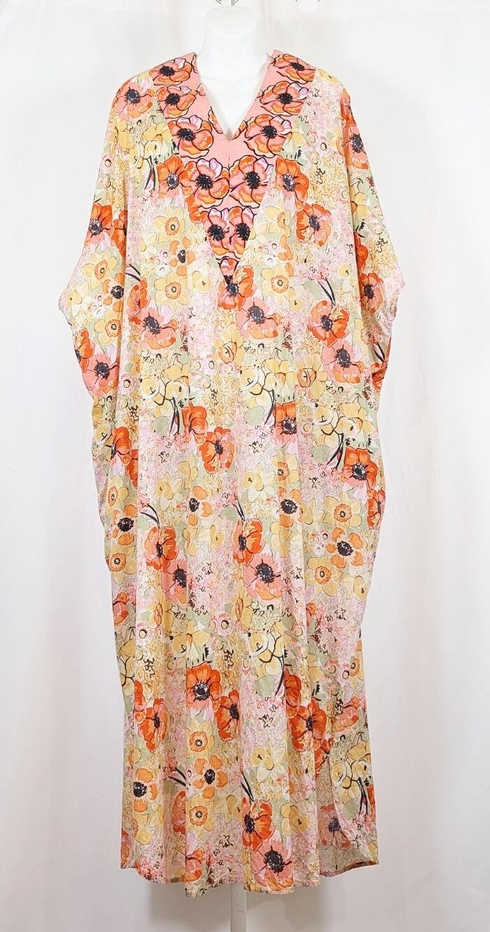 Frances Valentine Roper Caftan Poppy Yellow Floral Embroidered Women's Size 1 XS